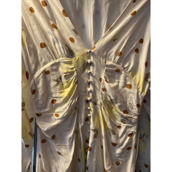 Free People Floral Dot Bohemian Ruched Button Up V Neck Long Sleeve Mini Dress M - Picture 2 of 6